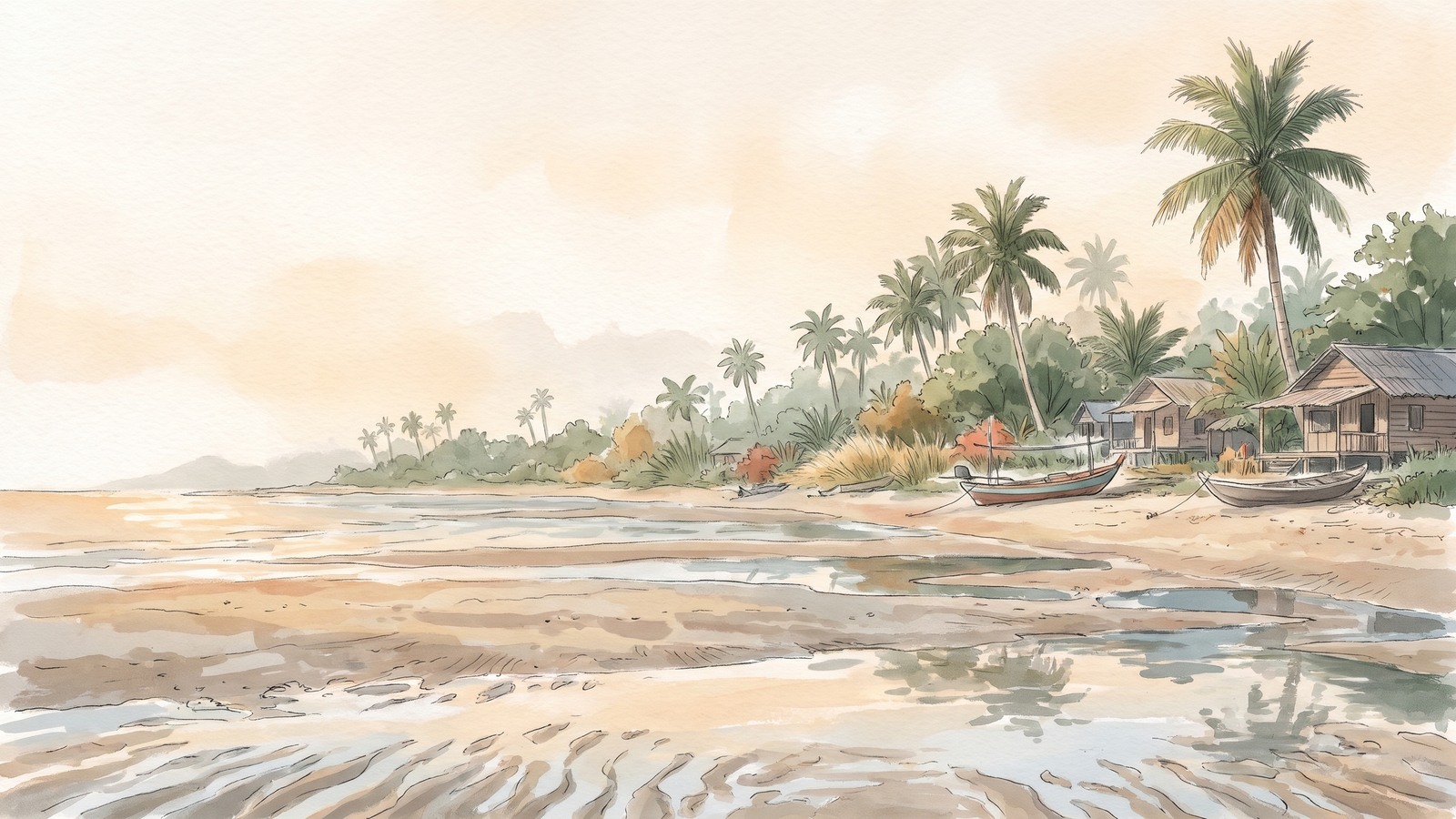 Painterly conceptual illustration of Ban Tai’s shallow tidal shoreline, palms and softly painted coastal vegetation.