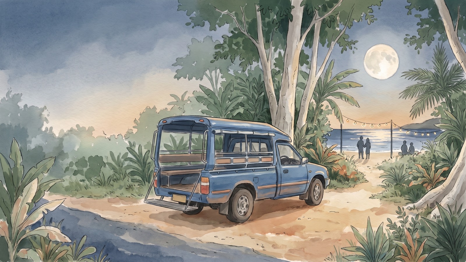 Painterly twilight scene with a parked blue songthaew, distant beach lights and moon, illustrating planning a ride home.