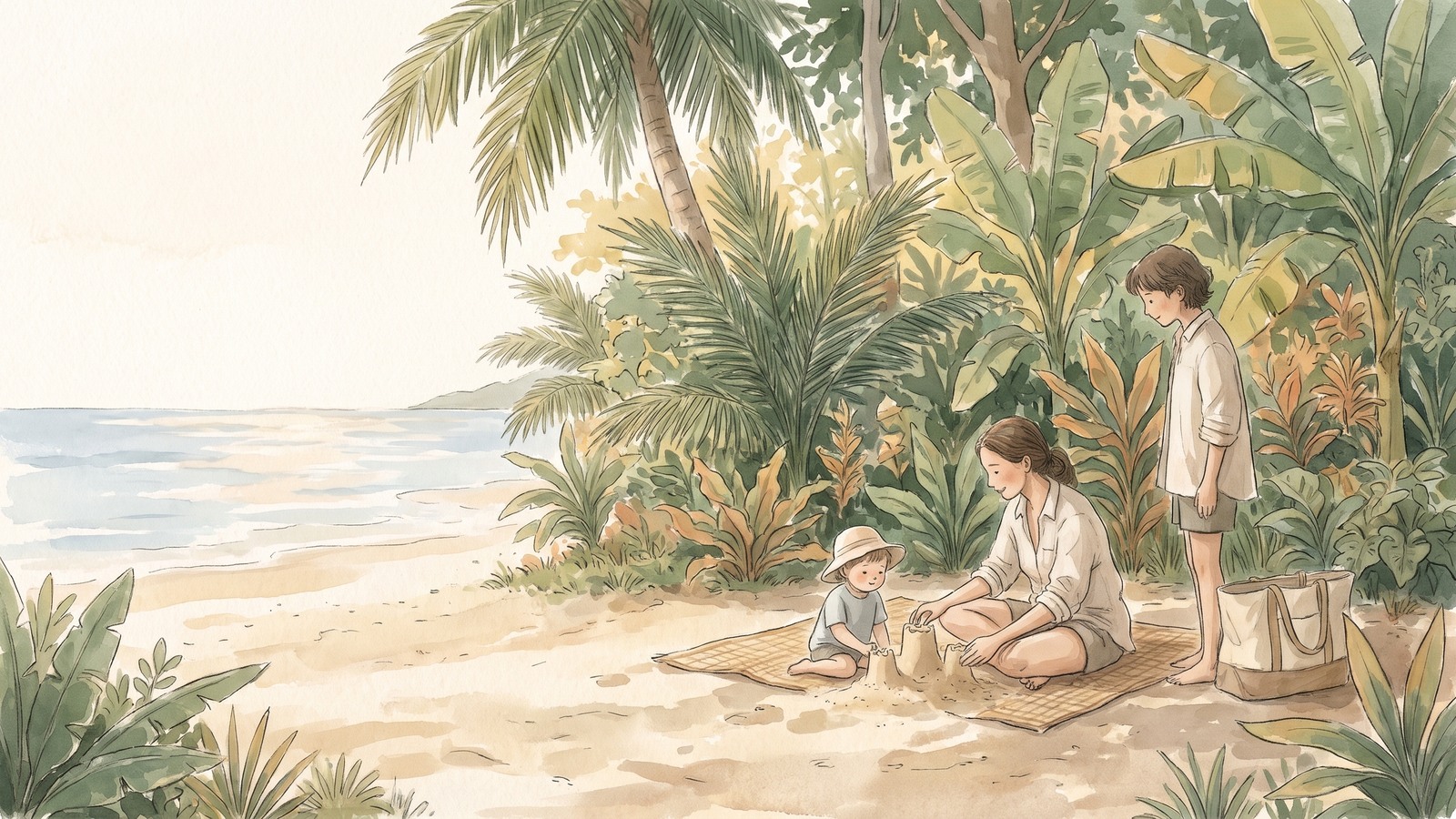 Painterly family scene showing a child making a sandcastle on dry sand directly beside a supervising adult under palms.