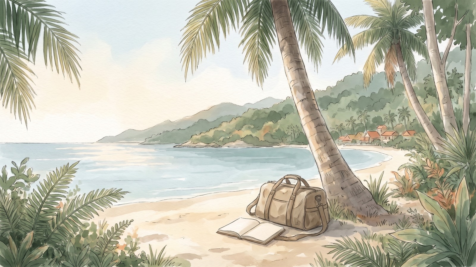 Conceptual painted island bay with a travel bag and notebook beneath a palm, illustrating choosing a holiday base.